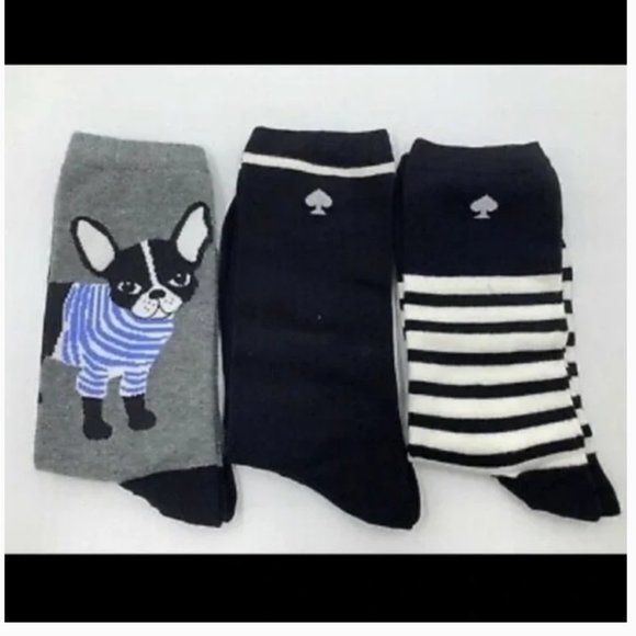 kate spade set of 3 pairs crew socks french bulldog black grey nwt - Picture 2 of 3